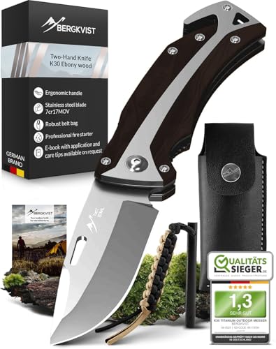 BERGKVIST® K30 Cuchillo plegable (navaja de dos manos) - Navaja de bolsillo 3 en 1 con rompecristales y cortacinturones para exteriores y supervivencia - Mango de ébano