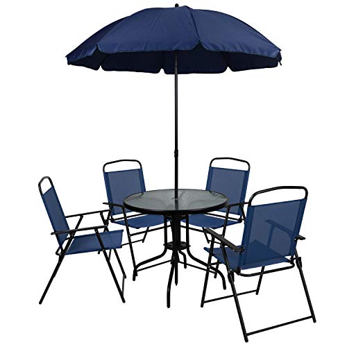 Image of Flash Furniture Nantucket 6-Piece Patio Dining Set with Glass Table, 4 Folding Chairs, and Umbrella, Outdoor Patio Table, Chairs, Umbrella Set, Navy