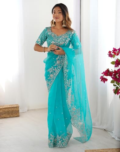 Image of SIRIL Women's Organza Sequence Embroidery Saree With Unstitched Blouse Piece