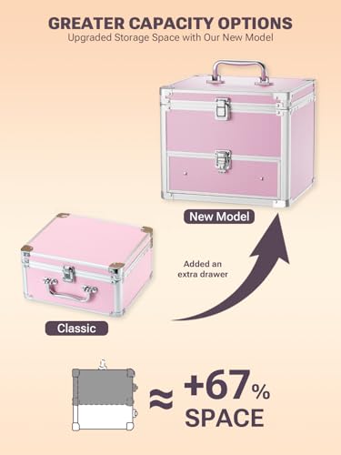 Qislee Makeup Box with Drawer and A Detachable Lighted Mirror, Waterproof Travel Train Case, Cosmetic Organizer and Makeup Suitcase with Adjustable Dividers, Magnetic LED Mirror (ICY Pink)