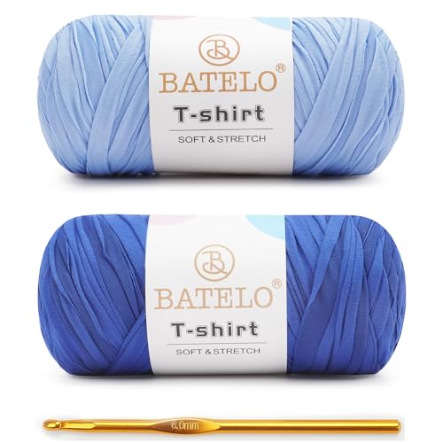 Image of 2 Pack T-Shirt Yarn for Beginner Crochet Bags /Basket /Coaster, 400g /144yds High Elastic Thick Polyester Fabric (Sky Blue+Royal Blue)