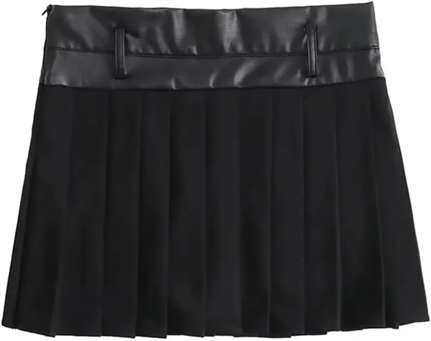 Women All Season Faux Leather Splicing Pleated Mini Skirts Slim Office Skirts Streetwear Short Skort Skirts