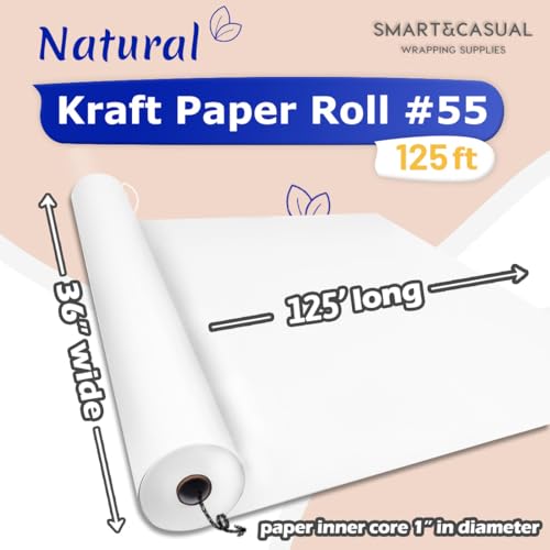 Image of SMART&CASUAL 36 inch x 1,500 inch (125') White Kraft Craft Paper Roll for Gift Wrapping Bulletin Board Bouquet Flower Art Packing Parcel Table Covering 80GSM 55LB (White, 36 inch x 125')