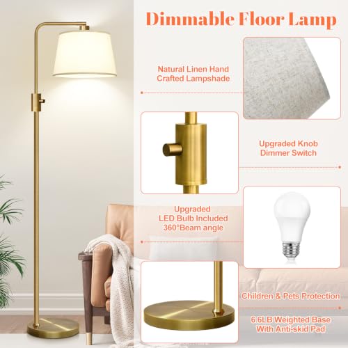 Image of Nintiue Dimmable Floor Lamp, 1000 LM LED Edison Bulb Included, Arc Floor Lamps for Living Room Modern Standing Lamp Tall Lamps for Living Room Bedroom-Brass