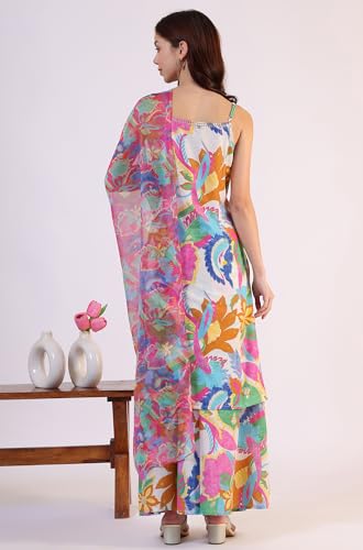 Image of W for Woman Orange Abstract Printed Tiered Spaghetti Kurta and Leggings Set with Dupatta