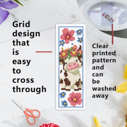 Image of INFUNLY 6PCS DIY Cartoon Animal Cross Stitch Bookmark Kits 8.66 inchx3.15 inch Cute Bear Cow Stamped Embroidery Kits with Instructions Plant Flowers Needlepoint Bookmark Kits for Book Lovers Readers Writers