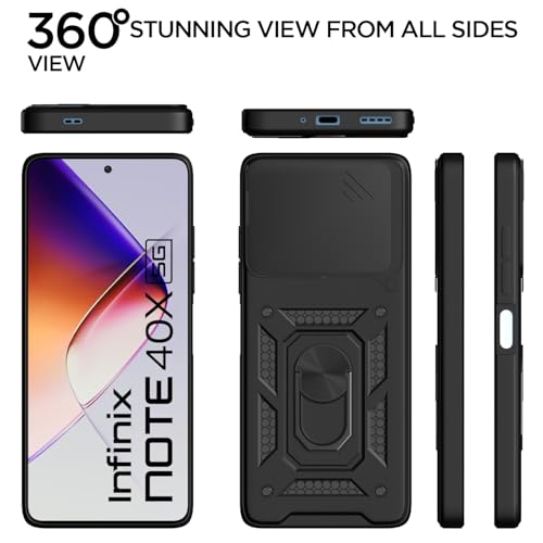 Image of Outlouders Back Cover for Infinix Note 40x 5G | D10 Tough Armor 360 Protection Case with Sliding Camera Shield & Ring Holder Stand Bumper Case (Black)