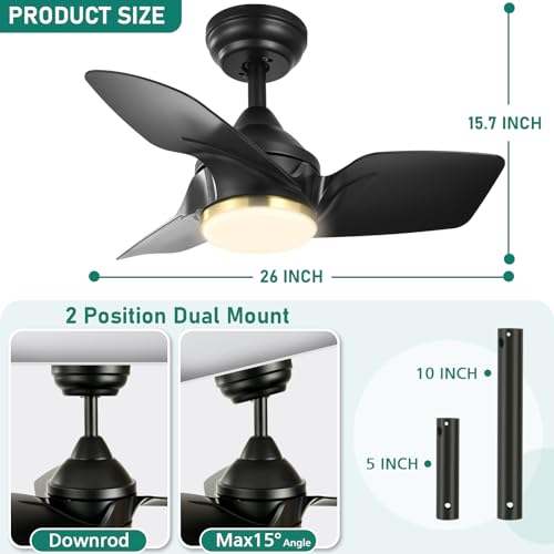 DWVO 26 Inch Ceiling Fans with Light and Remote, Small Modern Black Ceiling Fan with 3 Blades, 6 Speeds, 3 Colors Dimmable for Bedroom Patio Kitchen, DC Quiet Motor, Memory Function, Black