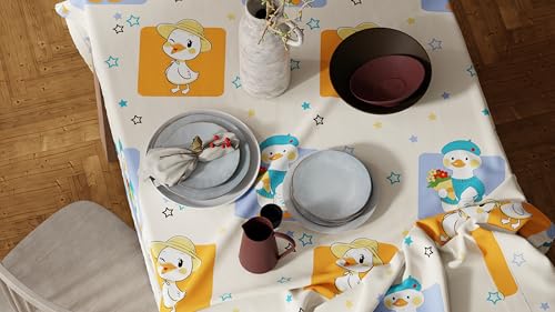 Image of LORETO - A QUALITY LINEN BRAND 100% Pure Cotton Table Cover with Boho Tassels (48 x 48 Inch) - Square Tablecloth for Square Dining Table, Playful Ducks on Creamy Beige