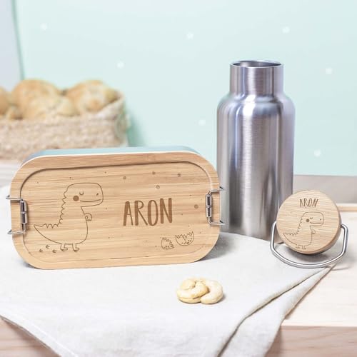 hellomini Lunchbox & Trinkflasche Bambus personalisiert | Geschenk zur Einschulung für Kinder | Isolierflasche Edelstahl & Brotdose mit Namen (Dino)