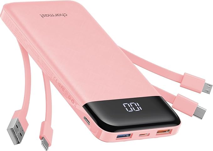 Charmast - Power Bank da 10000 mAh con cavi integrati x 4, batteria USB C da 10000 mAh con 6 uscite e 3 ingressi con display LED, power bank portatile di tipo C compatibile con smartphone, tablet e