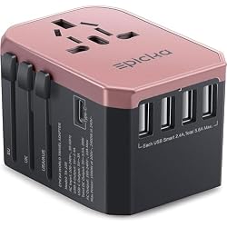 EPICKA Universal Travel Adapter with 1AC/1 USB-C/4 USB-A Ports | Travel Plug Adapter for EU/US/UK/AUS, Supports Charging for Multi-Device, Not A Voltage Converter, TA-105, Rose Gold