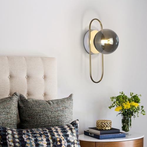 Image of Modern Farmhouse Sconces Wall Lighting Brushed Gold Globe Wall Sconce Smoked Glass Bathroom Vanity Light Brass Sconces Hard Wired