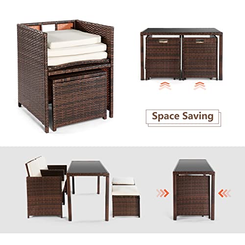 Cosvalve 5 Piece Wicker Patio Table And Chairs Set, Outdoor Space Saving Dining Conversation Furniture With Tempered Glass Table, Ottoman For Garden, Backyard, Balcony, Poolside #TOP4