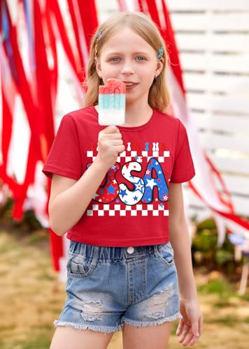 Image of BesserBay Kids Girls 4th of July Crop Tops American Flag Red White Blue Patriotic Bows USA Flag T-Shirts 6-14 Years