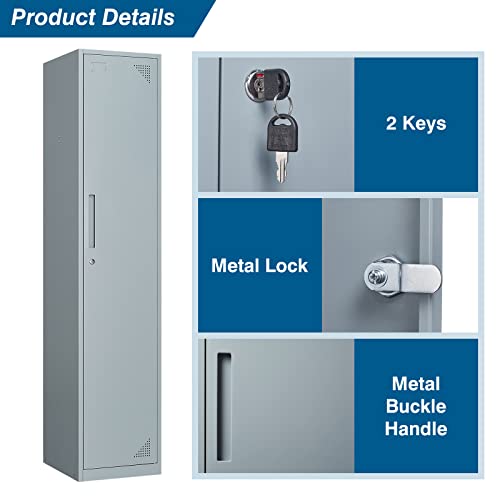 PEUKC Metal Storage Locker, 71\" Tall Locker Storage Cabinet for Employees, Steel Storage Cabinet Locker with Lock and Keys for School, Gym, Home, Office Staff(1 Door-Grey) - Thumbnail 5