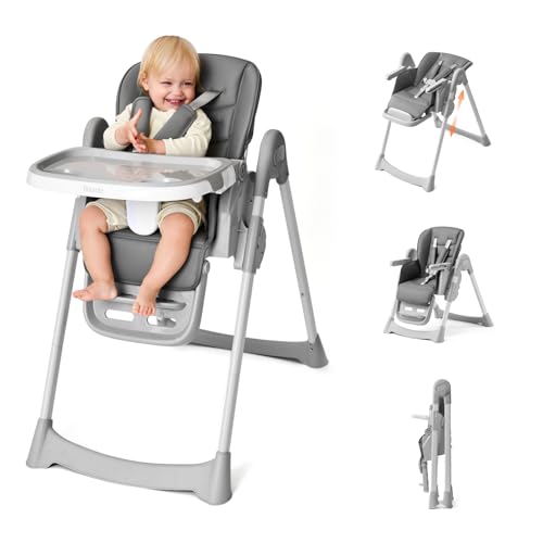 Image of Tinyiota 4 in 1 High Chairs for Babies and Toddlers with Wheels, 8-Height Adjustable & 3-Position Recline, Easy Clean, Dishwasher Removable Tray, Foldable HighChair for Infant, Meets ASTM Safety, Grey