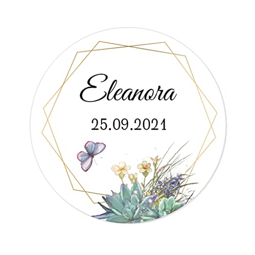 eKunSTreet 50 STICKERS PERSONNALISÉES Autocollants de Anniversaire/Baptême - 40MM ROND étiquettes Papillon Fleur pour Baptême/Mariage/cadeaux/dragées/enveloppe - Rd 037 (002)
