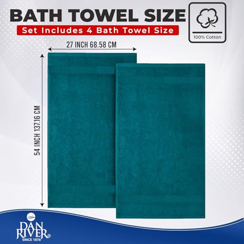 Image of DAN RIVER Bath Towels Set of 4, 27 x 54 Inches, 100% Cotton, Larger & Lighter Weight, Quicker to Dry, Super Soft and Absorbent, Ideal Luxury Bath Towels for Daily Use, Teal