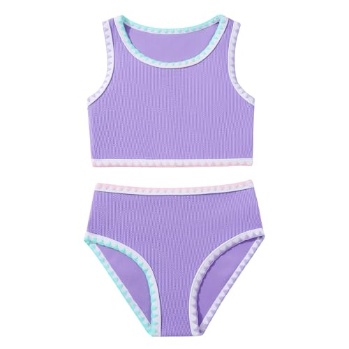 Girls Bathing Suit Toddler Swimsuits 2 Piece Bikini Sets Round Neck Colorful Lace Teen Girls Swimwear 3-14T