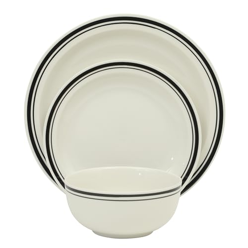 Image of Gibson Home Hometown Diner 12-Piece Porcelain Dinnerware Set, Round Plates and Bowls Set for 4, White with Black Rim, Dishwasher Safe - Dinner Plate, Salad Plate & Cereal Bowl