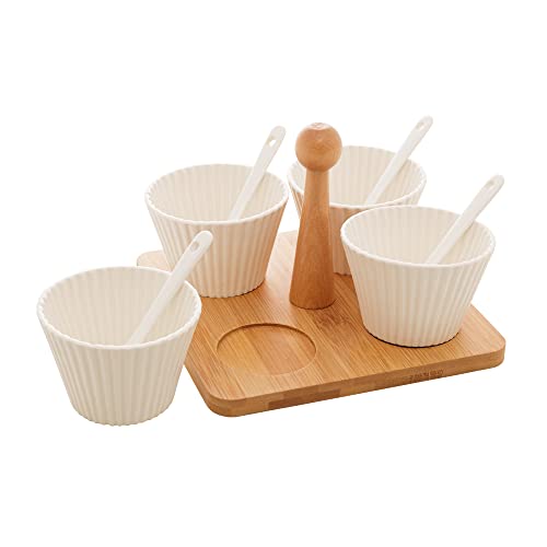 Conjunto 4 Molheiras com Suporte de Bambu e Colher Branco 16cm x 16cm x 13cm - Wolff