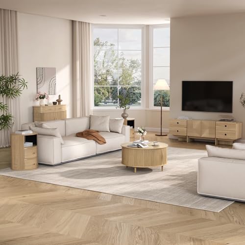 Image of JOINICE 31.5 inch Round Coffee Table with Storage for Living Room, Natural Oak
