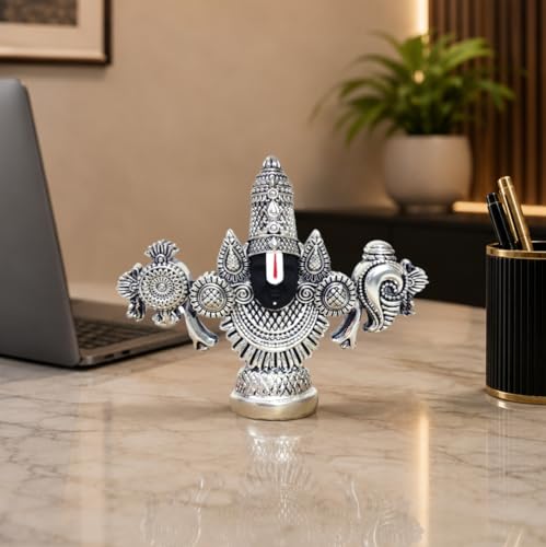 Image of Gold Art India Lord Venkateswara Balaji Idol | Silver-Plated Antique Matte Finish | 3.5 x 4.2 inch | Tirupati Balaji Statue for Home Mandir, Office & Gift Purpose