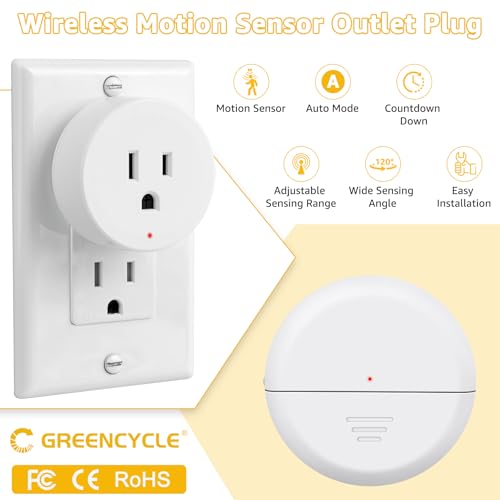 Image of Greencycle Motion Sensor Outlet Plug 2 Sets,Wireless Sensor Auto Lighting