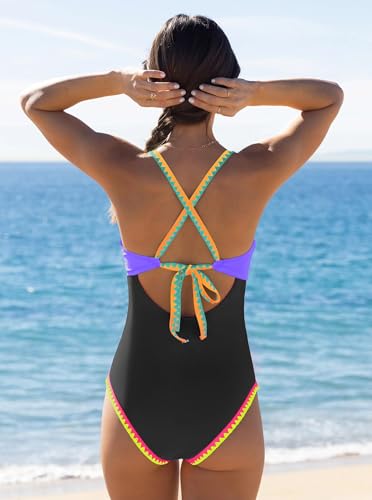 Image of popvil One Piece Swimsuit for Women Tummy Control Bathing Suit V Neck Slimming Neon Color Block Swimwear