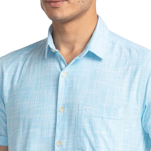 Image of Park Avenue Men's Pure Cotton Chambray Pattern Slim Fit Ainsley Collar Half Sleeve Casual Shirt