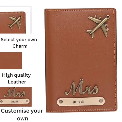 Image of Unisex-Adult Personalised Name, Charm & Color Leather Passport Cover Gift Set /Wallet for Couple - 2 Pcs | Wedding Anniversary Marriage Gifts for Couple Friend Husband Wife, Assorted