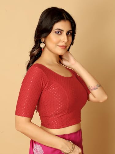 Image of Amazon Brand - Anarva Round Neck Dobby Cotton Lycra Stretchable Elbow Half Sleeve Readymade Saree Blouse for Women Stylish