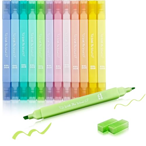 YOSKAEDI Textmarker Pastell Set,12 Stück Pastell Textmarker Doppelspitze No Bleed und Dry Fast Leuchtstifte Bibel Marker Stifte, Sehr Geeignet für Schulbedarf Zum Lernen und Arbeiten