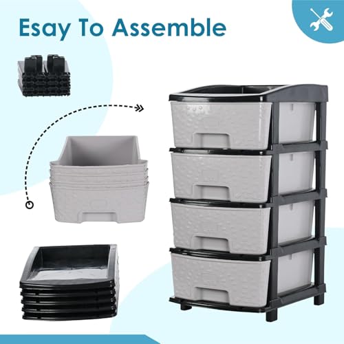 Image of Amazon Basics Plastic 4 Rack Multipurpose Modular Drawer Storage Rack | Kitchen & Home Essentials Organizer Storage Box Cabinet | Almira Set for Stationary, Cosmetic |Black & Grey 36D x 30W x 63H cms