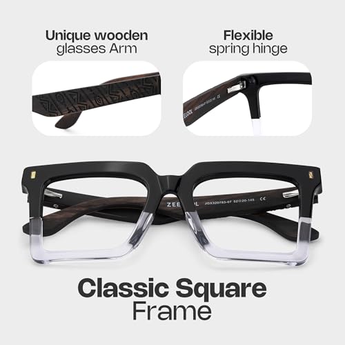 Image of Zeelool Vintage Square Wood Arm Blue Light Blocking Glasses for Men Computer Eyeglasses ZJGX320783-07 Black-crystal