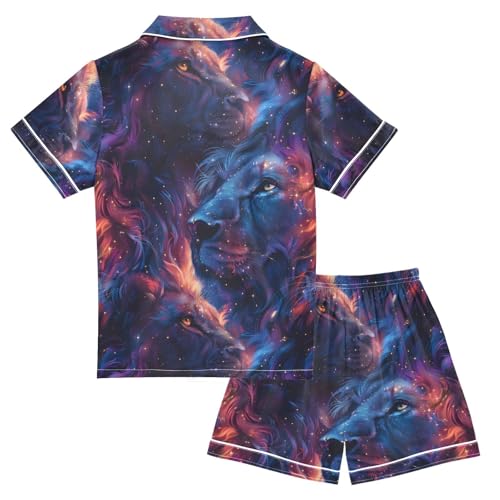 ALAZA Lion Starry Sky Galaxy Pajamas Satin Pajama Set Short Sleeve Button Down Sleepwear2