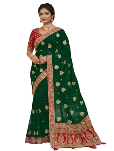 Image of Women's Bollywood Heavy Sequins Embroidery Work Georgette Saree with Unstitched Blouse