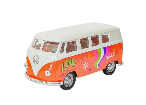 Volkswagen Bus T1 1963 VW Modelo de metal con motor de tracción Coche de juguete hippie juguete 3 variantes Welly 19 (naranja)
