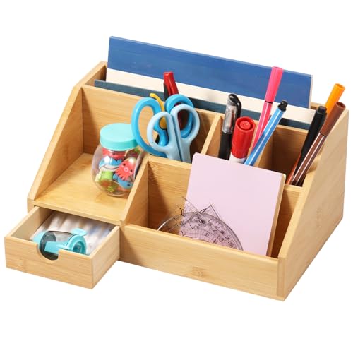 MENIBBLER Bamboo Desk Organizer with Drawer and Compartment Storage Shelf Rack Stackable Wood Storage Boxes for Home Office
