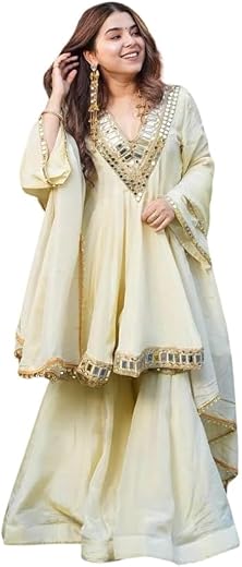 Women’s Off White Embroidered Sharara Suit Set – Chanderi Silk Kurta with Dupatta | Ready-to-Wear Wedding & Festive Ethnic...