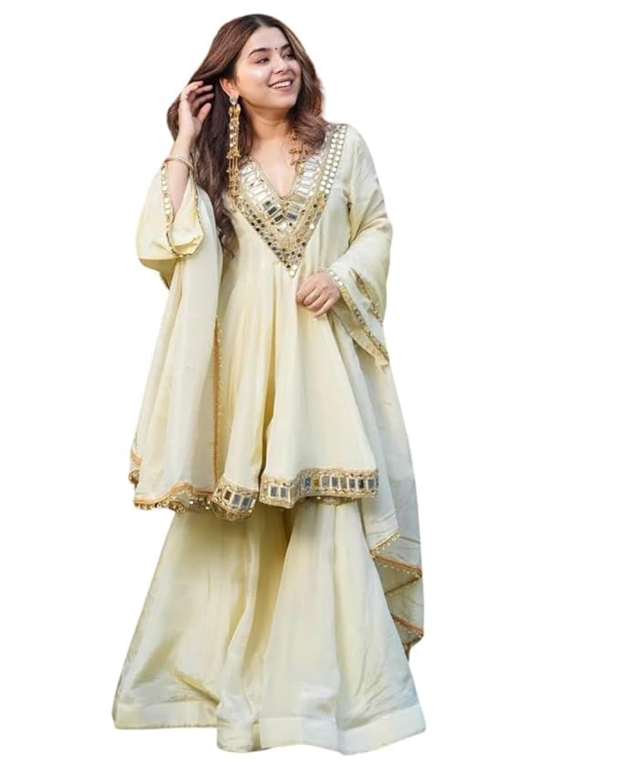 Women’s Off White Embroidered Sharara Suit Set – Chanderi Silk Kurta with Dupatta | Ready-to-Wear Wedding & Festive Ethnic... - Review, Price and Buying Guide