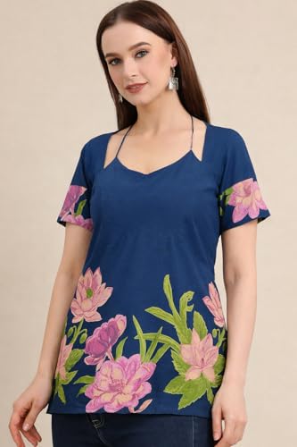 Image of Women's Floral Pure Cotton V-Neck Short Kurti (Has Lining) | Lightweight Short Sleeve Tunic | Breathable Stylish Casual & Office Wear Top