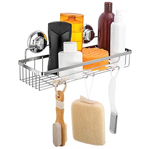 HASKO accessories Shower Caddy Suction cup - Adhesive Shower Caddy Wall Mounted with Hooks - NO Drilling Wall Mounted Bathroom Shelf - Shower Organizer (Polished Stainless Steel SS304)