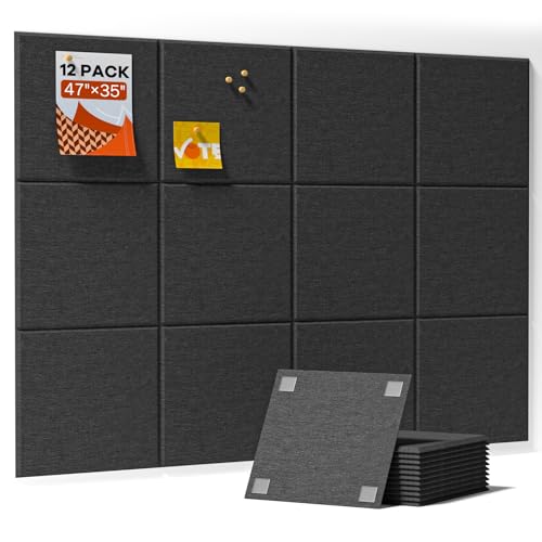 Large Cork Boards for Walls, 47"x35" Bulletin Board, 12-Pack Felt Wall Tiles with 60 Adhesive Tabs, Cork Boards for Office Decor, Felt Board Alternative Pin Board