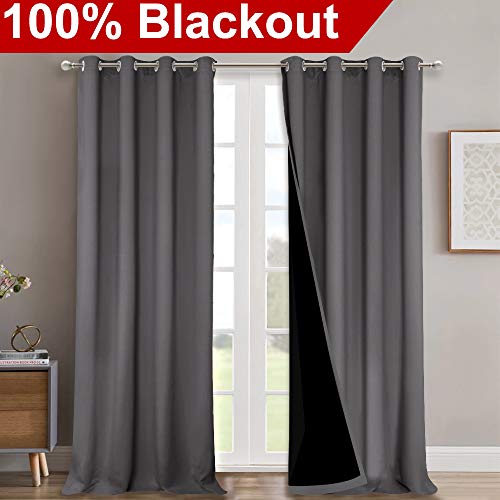 Image of NICETOWN Total Shade Curtains and Draperies, Heavy-Duty Full Light Shading Drapes with Black Liner Backing for Villa /Hall /Dorm Window（Gray, Package of 2, 52 inches Wide x 95 inches Long