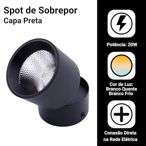 Kit 2 Spot Led Sobrepor Preto Redondo Luz Direcionável Bivolt 20w (Branco Quente)