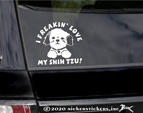 Miniatura 2 de Calcomanía de cara de cachorro con texto en inglés "I Freakin' Love My Shih Tzu"  NickerStickers Adhesivo de vinilo para ventana de perro, auto,