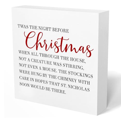 Christmas Decorations, Twas the Night before Christmas Wooden Box Sign, Rustic Farmhouse Xmas Decorations for Home Office Desk Table Shelf Tabletop Decor, 5x5 Inch