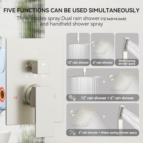 Shower System Shower Faucet Set, STARBATH 12"+6" Ceiling Mount Rain Shower Head and Handheld Spray for Two Person, Rainfall Shower System with Diverter Valve and Trim Kit Complete,Brushed Nickel by STARBATH - Used condition - Image 3